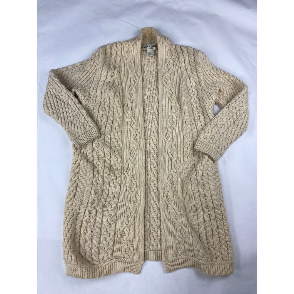 Aran Mor Cardigan Sweater Women's Size Small Cream 100% Wool Cable Knit - Flaw